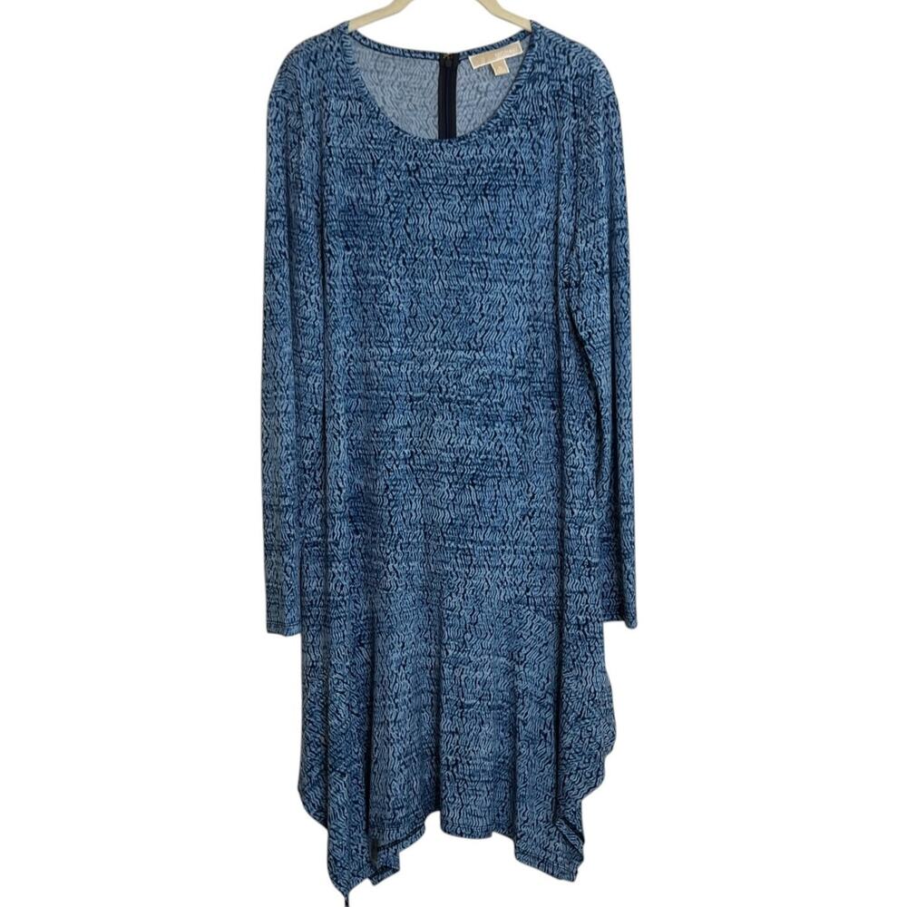Michael Michael Kors XL Blue Abstract Print Long Sleeve Handkerchief Hem Dress